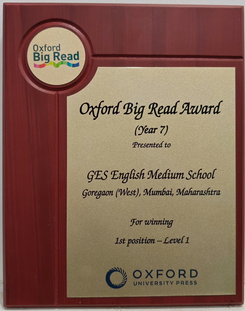 1st position (Level 1) in the prestigious Oxford Big Read Award